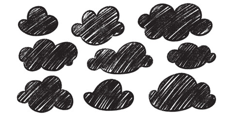 Wall Mural - chalk pencil marker clouds set - black hand drawn doodle sketches isolated on white background. chil