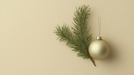 Wall Mural - Minimalist christmas card design featuring pine branch and ornament.