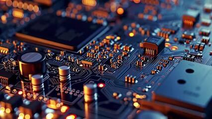 Fototapete - Close-up view of a circuit board with glowing components showcasing intricate details and advanced technology in 4K resolution