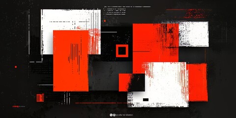 Leinwandbilder - Black and white abstract image with red and white squares. The squares are of different sizes and are placed in various positions. The image has a sense of chaos and disorder