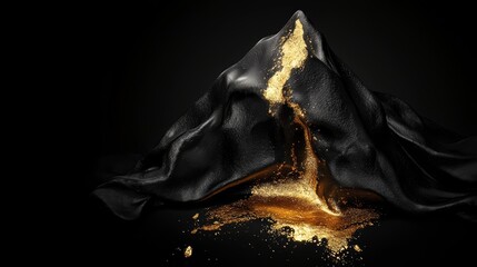 Poster - Black mountain with gold lava flowing out of it. The image has a dark and mysterious mood