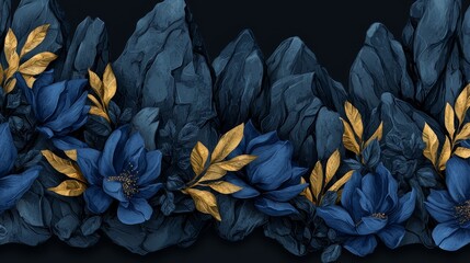 Poster - Blue and gold flower arrangement is framed by a rocky border. The flowers are blue and gold, and the border is made of rocks. The image has a serene and calming mood, as the flowers