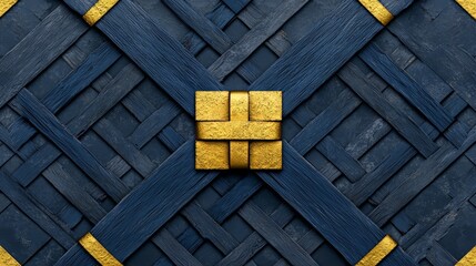 Fototapete - Blue and gold design with a gold square in the middle. The design is made of wood and has a wavy pattern