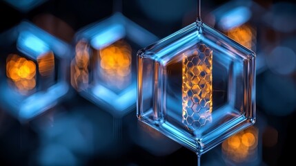Aufkleber - Blue and orange cube with a yellow light inside. The cube is surrounded by other cubes, creating a pattern. The image has a futuristic and technological feel to it
