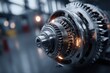 © whitestorm - Close-up of a complex, shiny metal turbine with intricate details and gears, reflecting light in an industrial setting, showcasing precision engineering and mechanical power.
