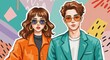 © Yury - Fashionable young couple wearing trendy sunglasses, stylish outfits in vibrant colors against an abstract graphic background