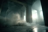 Intense flooding in a dark, industrial building with water crashing against concrete columns, creating a dramatic and powerful scene in a mysterious, atmospheric setting.