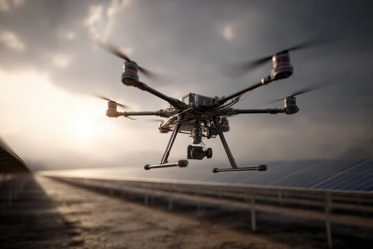 A modern drone equipped with a camera surveying a solar panel array at dawn, capturing aerial footage of renewable energy infrastructure and technological advancements.