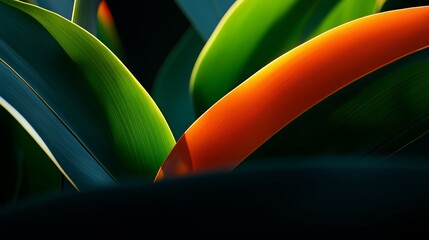 Poster - Close up of a leaf with a green stem and orange tip. The leaf is surrounded by other leaves, creating a sense of depth and dimension