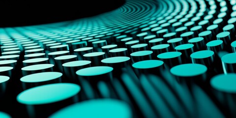 Poster - Close up of a series of blue circles. The circles are all different sizes and are arranged in a spiral pattern. The image has a futuristic and abstract feel to it