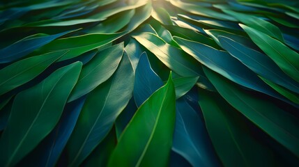 Poster - Close up of green leaves with the sun shining on them. The leaves are arranged in a way that they look like they are overlapping each other. Concept of growth and vitality