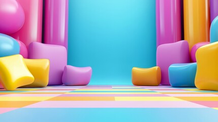 Aufkleber - Colorful room with a blue wall and a pink wall. There are many colorful objects in the room, including a pink chair and a yellow chair