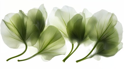 Poster - Four green leaves are arranged in a row. The leaves are very thin and delicate, and they appear to be floating in the air
