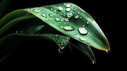 Poster - Leaf with water droplets on it. The droplets are small and scattered, giving the impression of a light rain. The leaf is green and he is fresh and healthy