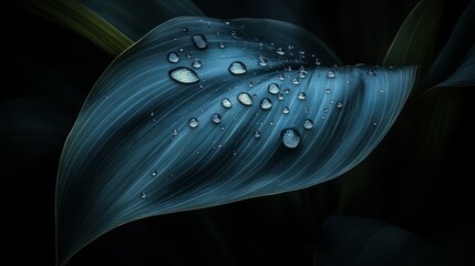 Poster - Leaf with water droplets on it. The droplets are small and scattered, giving the impression of a light rain. The leaf is green and he is a part of a larger plant