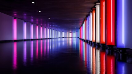 Aufkleber - Long hallway with neon lights in a tunnel. The lights are in different colors and are reflecting on the floor