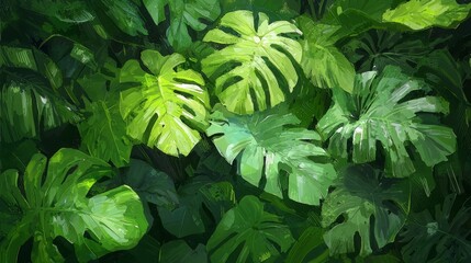 Poster - Painting of a lush green jungle with many leaves and vines. The painting is full of life and energy, with the green color dominating the scene. The viewer can almost feel the warmth of the sun
