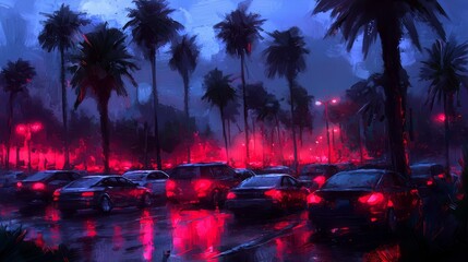 Fototapete - Painting of a parking lot with cars and palm trees. The cars are parked in a lot with a lot of rain. The painting has a mood of sadness and loneliness