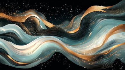 Aufkleber - Painting of a wave with gold and blue colors. The painting has a dreamy and ethereal quality to it