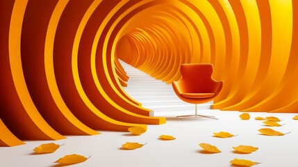 Aufkleber - The room is a spiral-shaped space with an orange chair placed in the center. The chair is a small, round design with a curved back and a bright orange color. The room is filled with orange walls
