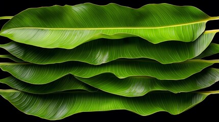 Poster - Stack of green leaves with a black background. The leaves are arranged in a way that they look like they are overlapping each other. Concept of growth and abundance, as the leaves are piled up