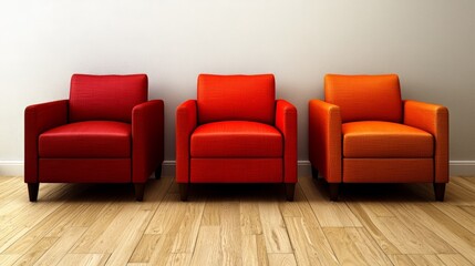 Poster - Three red chairs are sitting in a room with a white wall. The chairs are arranged in a row, with the middle chair being the tallest. The chairs are all facing the same direction
