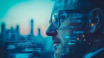 portrait of a man with binary code overlay, future tech concept, design for print, card, poster