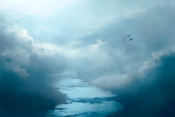 Wall Mural - A majestic view of a serene cloudy sky with some birds flying. The scene exudes tranquility and peace.