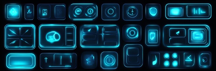 Wall Mural - glowing blue light edges and transparent surfaces define the neon glass frames collection, which enc