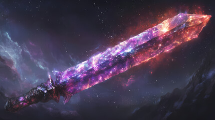 Wall Mural - Blade of crystallized stars reflecting cosmic light from deep shadows, forged from ai-powered gemstone matrix. Cosmic Smithy. Illustration
