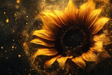 golden sunflower amidst a sparkling cosmic dust.