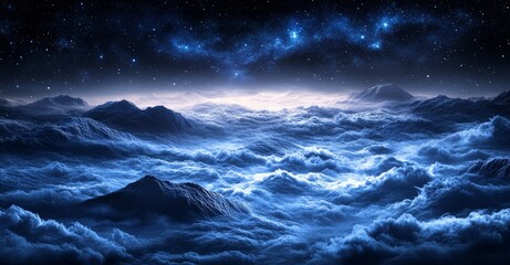 Wall Mural - a mystical cosmic atmosphere is formed by a smoke-filled background with a glowing blue nebula effec