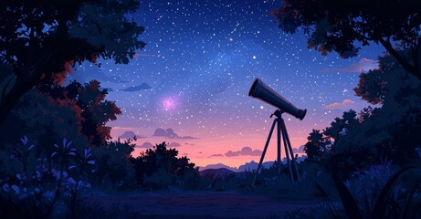 Modern illustration of a telescope on a mountain under the stars, representing astronomy, space discovery, and educational science