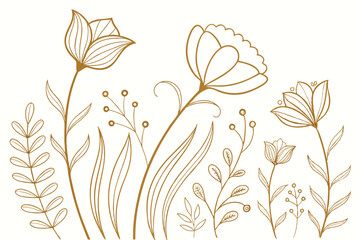 set of boho simple geometric branch and flowers. botanic design elements in wavy and vintage style. 