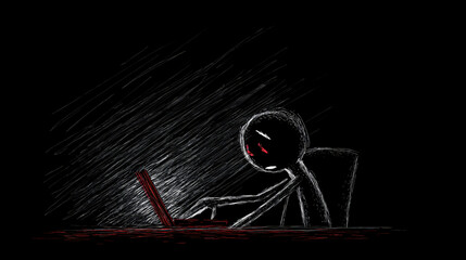 Wall Mural - Frustrated stick figure working on a laptop.