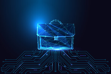 Digital business and smart office concept with briefcase and circuit board, vector illustration