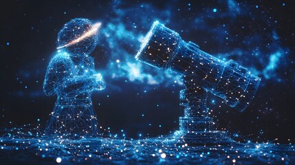 Poster - Futuristic vision: A digital person and telescope stand against a starry expanse. Wireframe design evokes innovation and exploration.Ideal for tech and space themes.Abstract wireframe in dark blue.