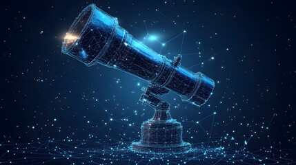 Poster - Futuristic digital telescope with glowing wireframe design against a starfield background. Light beam emanates from the top. Captivating image for tech enthusiasts. Abstract wireframe in dark blue