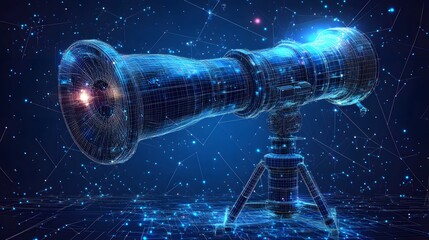 Poster - Futuristic wireframe telescope explores a digital cosmos. Blue grid design emphasizes technology and discovery. Ideal for science, astronomy, and innovation concepts. Abstract wireframe in dark blue