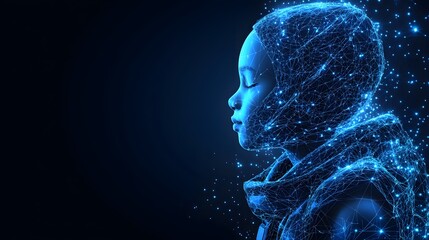 Poster - A child's serene face is rendered in a network of glowing blue lines against a dark backdrop, creating a futuristic aesthetic. Eyes are closed, suggesting peace. Abstract wireframe in dark blue