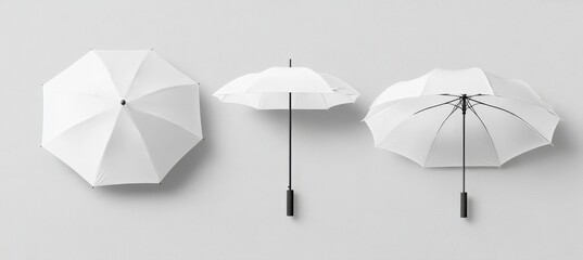 A 3D isolated white umbrella mockup is provided, featuring a modern and realistic parasol with a handle, intended for branding, advertising, and depicting rain weather season fashion, with various