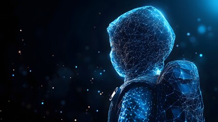 Leinwandbilder - Futuristic digital rendering of a person made from bright blue interconnected lines against a dark blue starlit backdrop. Hooded jacket and backpack suggest travel. Abstract wireframe in dark blue.