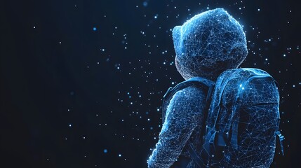 Aufkleber - Futuristic wireframe of a person with a backpack in a dark, star-filled space. The glowing blue lines create a digital and interconnected feel. Abstract wireframe in dark blue.