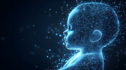 Poster - Futuristic digital art showcases a serene baby formed from radiant blue lines, against a dark, bokeh-lit backdrop. Evokes technology, data, and digital life. Abstract wireframe in dark blue.