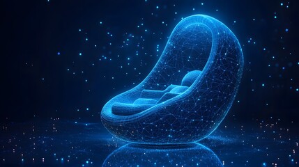 Poster - Futuristic blue chair, a wireframe design, floats above a stardust-like surface. Glowing lights enhance the dreamy, technological feel against a dark blue backdrop. Abstract wireframe in dark blue.