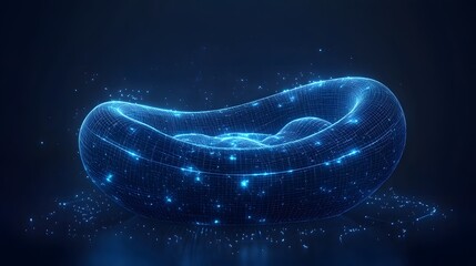 Aufkleber - Futuristic wireframe design displaying a luminous blue trough. Glowing particles enhance the digital aesthetic. A captivating abstract composition creates depth. Abstract wireframe in dark blue