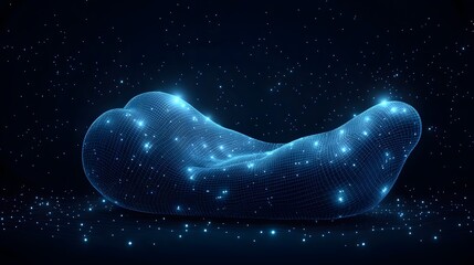 Fototapete - A blue wireframe baby sleep monitor on a dotted surface, set against a starry backdrop. Sparkling points enhance its undulating structure, creating depth. Abstract wireframe in dark blue
