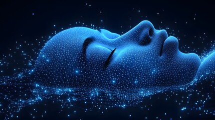 Poster - Futuristic digital face rendered in glowing blue mesh, set against a stark black backdrop. Captivating AI concept art, ideal for technology or science themes. Abstract wireframe in dark blue