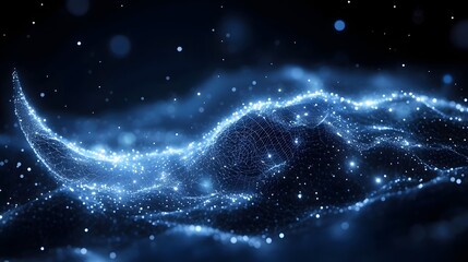 Aufkleber - Futuristic abstract network of glowing blue particles and lines creates a dynamic, digital wave. Evokes technology, connectivity, and energy. Abstract wireframe in dark blue
