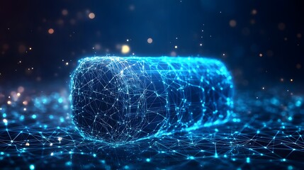 Poster - Futuristic technology concept featuring a glowing blue network emanating from a central prism. Bokeh lights add depth to this abstract digital scene. Abstract wireframe in dark blue